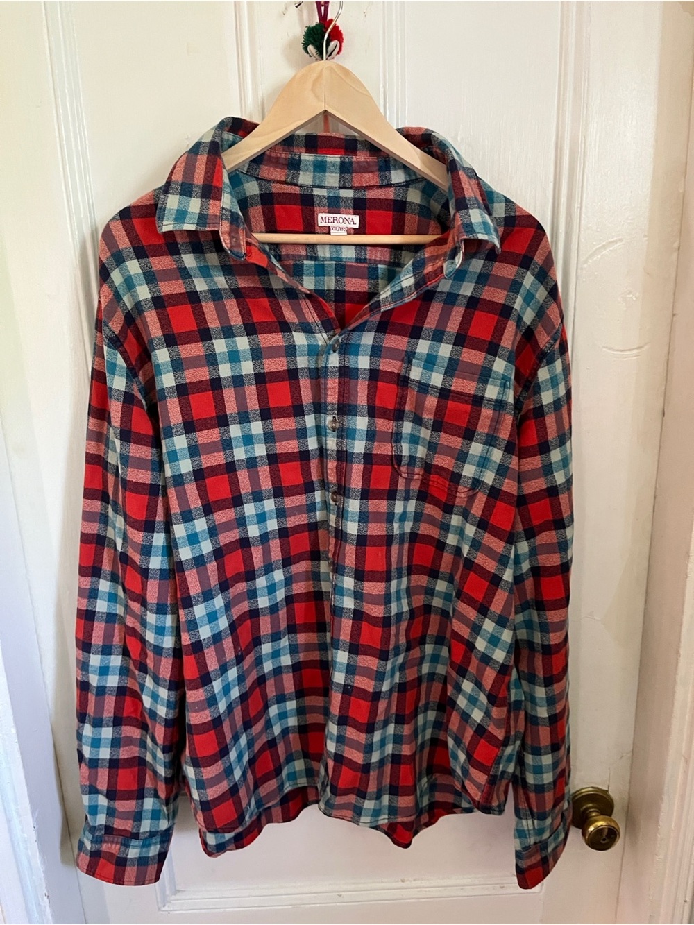 Merona Red, Navy & Teal Plaid Flannel Shirt